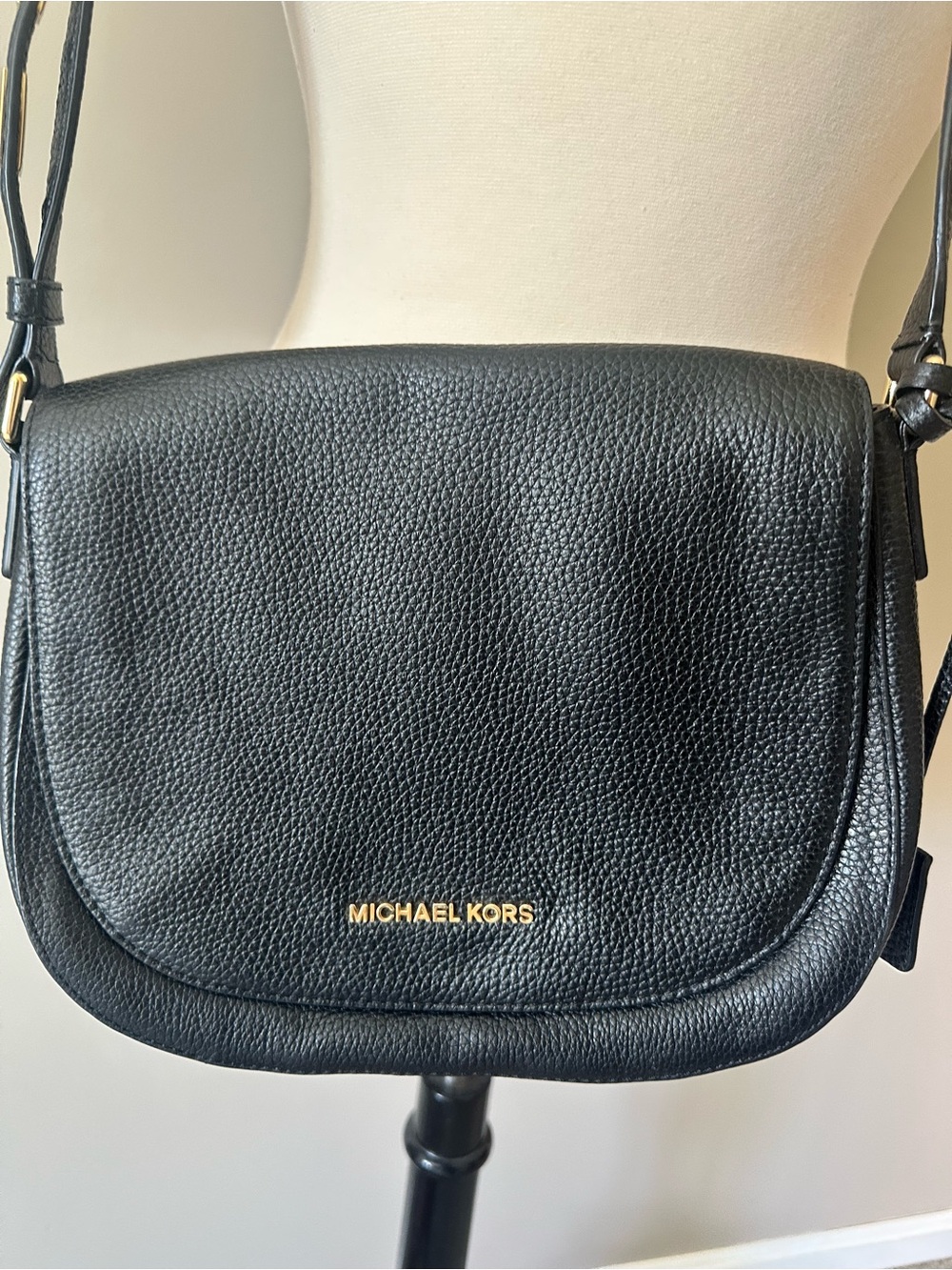 Michael Kors Black Pebbled Leather Saddle Crossbody with Gold Logo